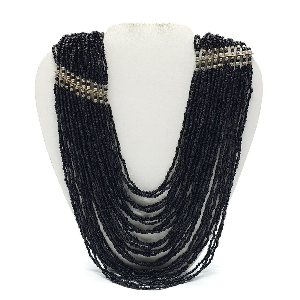 Layered Black Seed Beaded Necklace Metallic Accents Adjustable Chain Closure